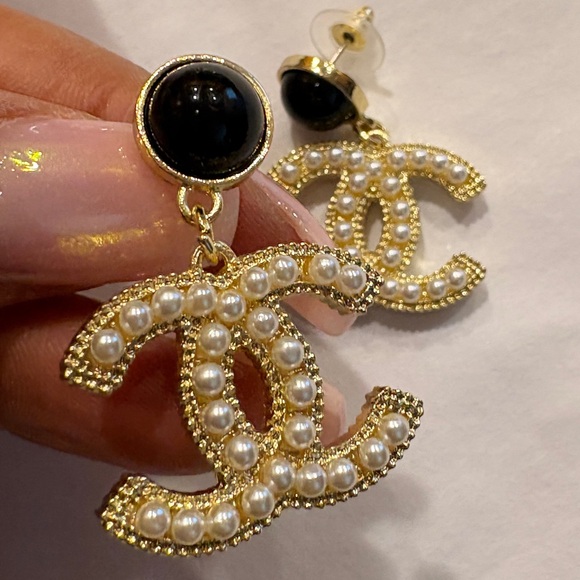 C Jewelry - Chanel Gold and Black Earrings with Pearl Embellishments